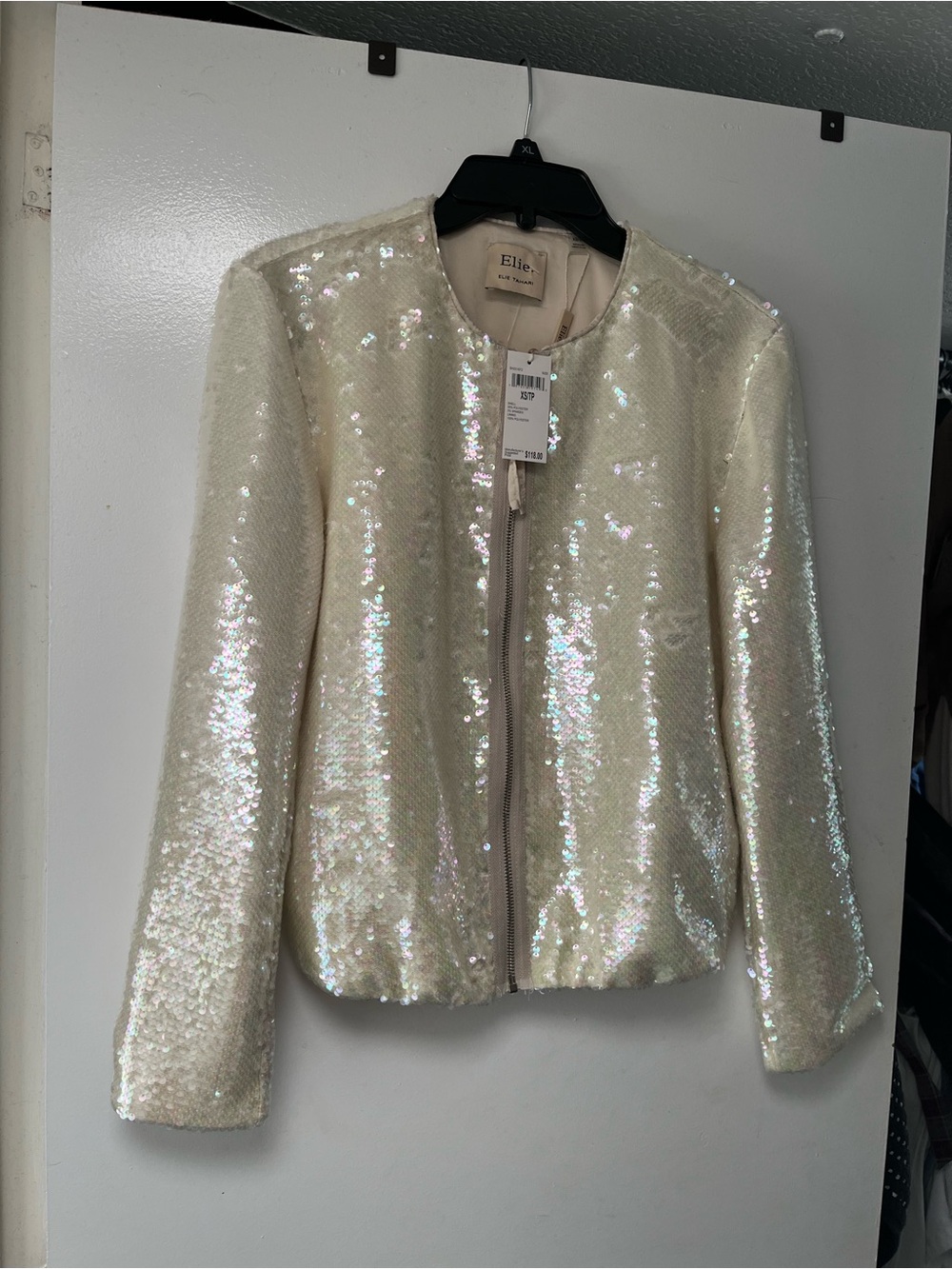 Elle Iridescent Ivory Sequin Zip Jacket